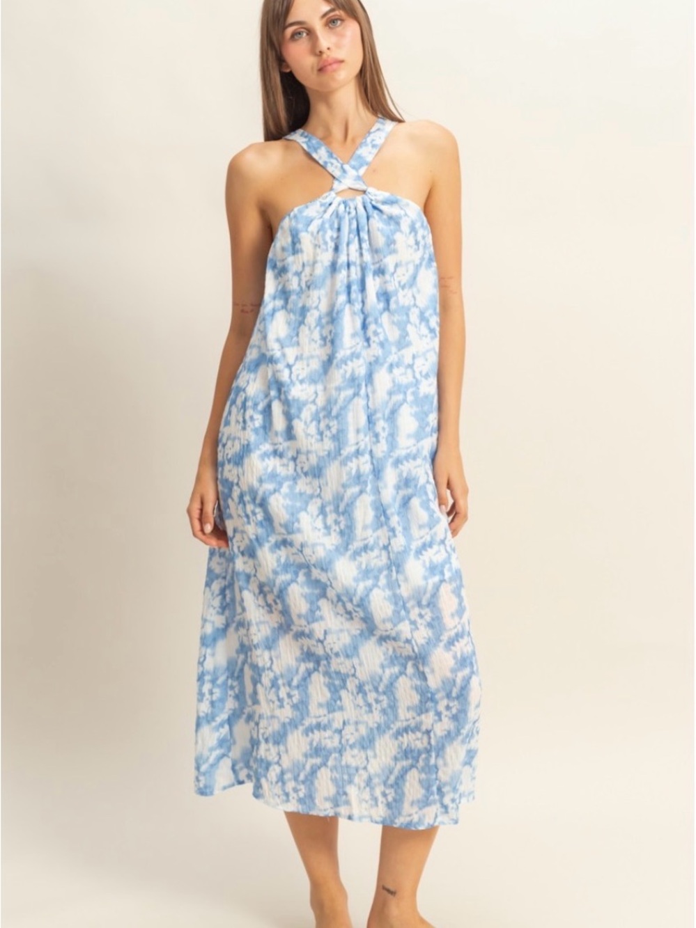HYFVE Sky Blue and White Halter Maxi Dress